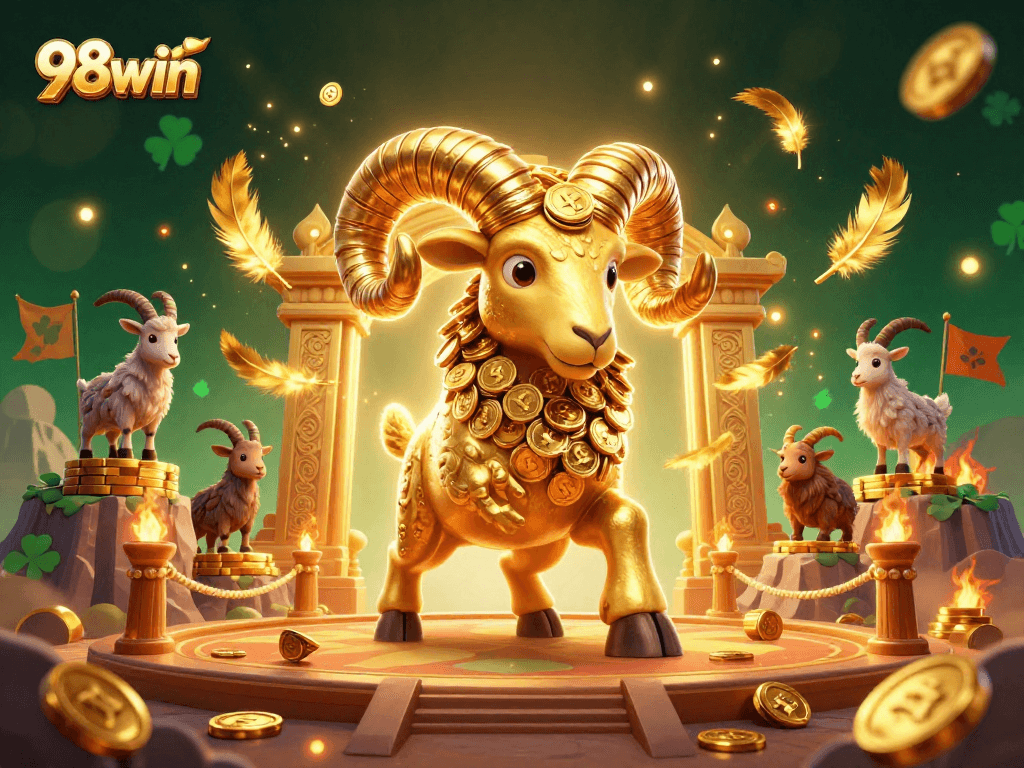 Experience winning with 98win at an energetic casino-themed arena featuring a golden ram.