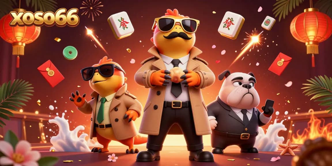 Experience the excitement of xoso66 with three raptors in a trench coat at a VIP lounge, featuring vibrant casino elements.