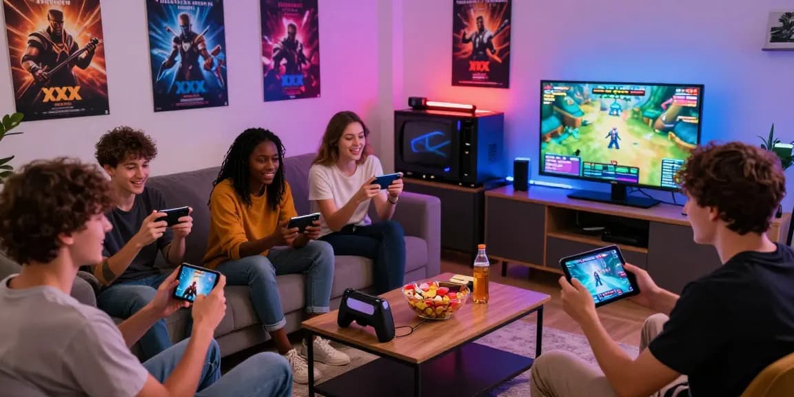 Engaged group playing xxx games online in a cozy living room.
