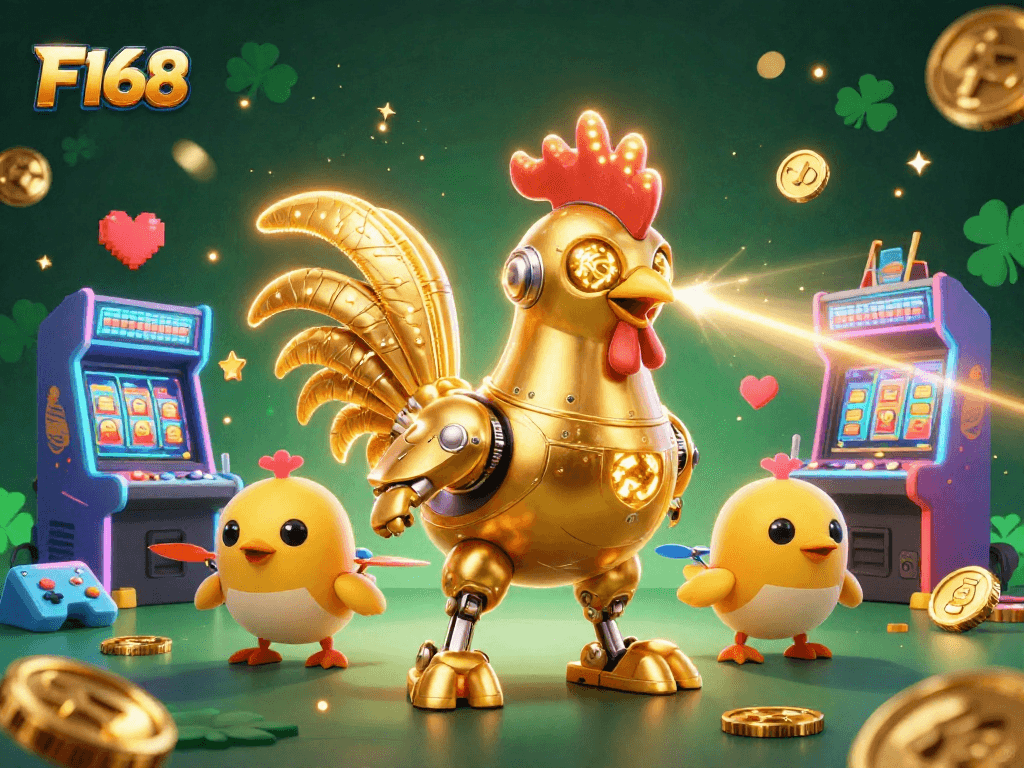 Experience the excitement of F168 with a golden rooster robot, enhanced with vibrant game elements and a dynamic casino backdrop.