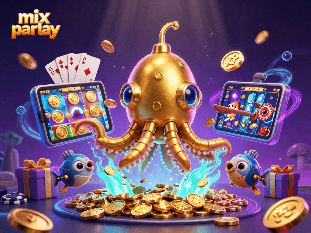 Engage in mix parlay betting with a golden kraken submarine and mechanical fish amidst a treasure of coins.