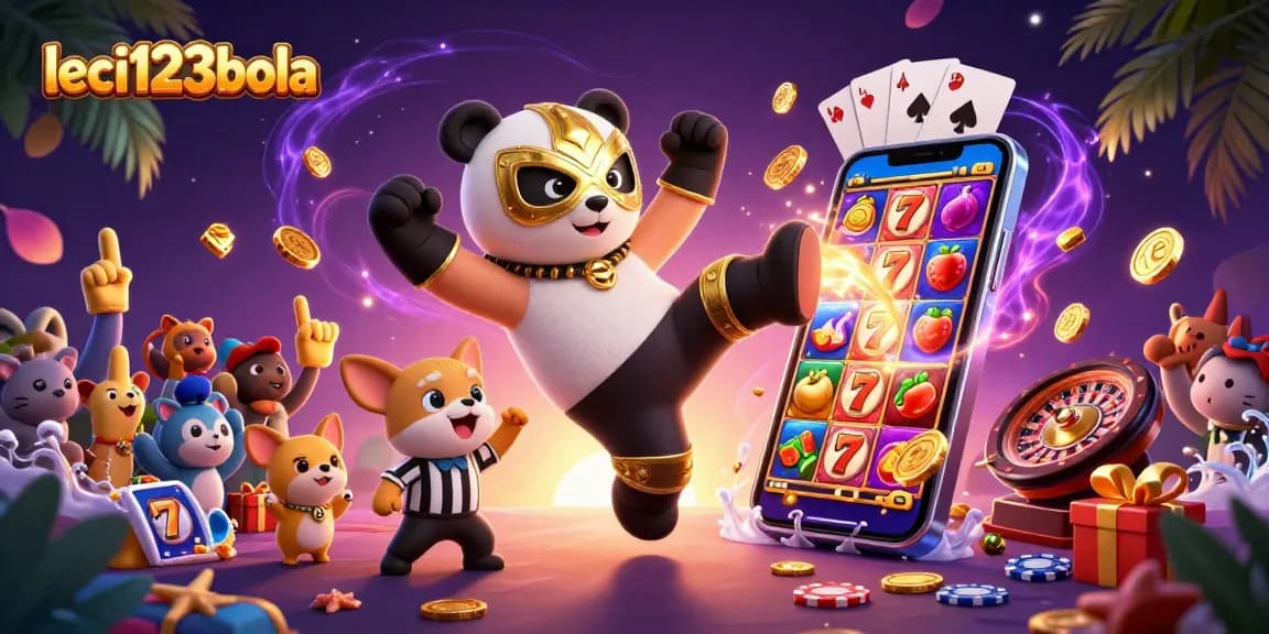 Engage with leci123bola's animated comic scene featuring a panda wrestler kick and chihuahua referee amidst vivid casino elements.