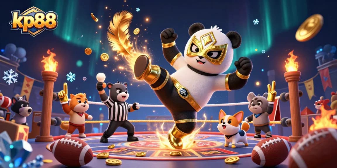 Bet on kp88 as the panda wrestler flies, energizing the crowd at a dynamic sports betting event.