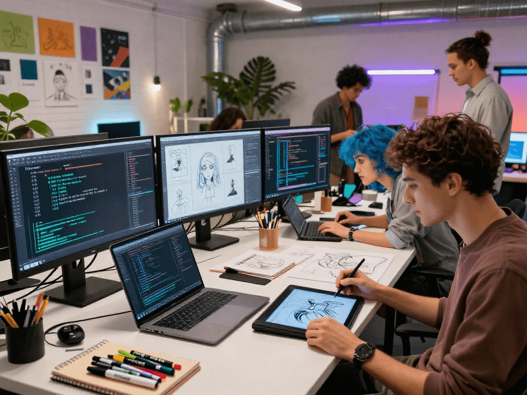 Creative collaboration scene with diverse designers utilizing 18+ ai technology in a modern digital studio.