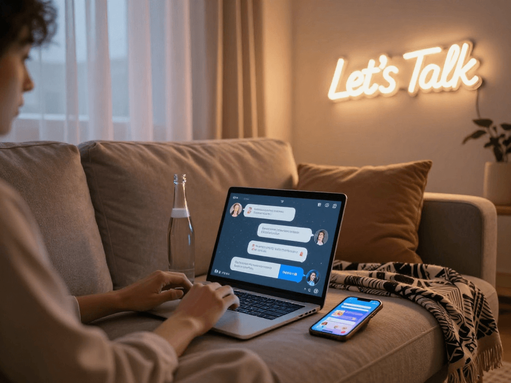 Engaging in sex chat ai on laptop in a cozy room, showcasing warmth and intimacy.