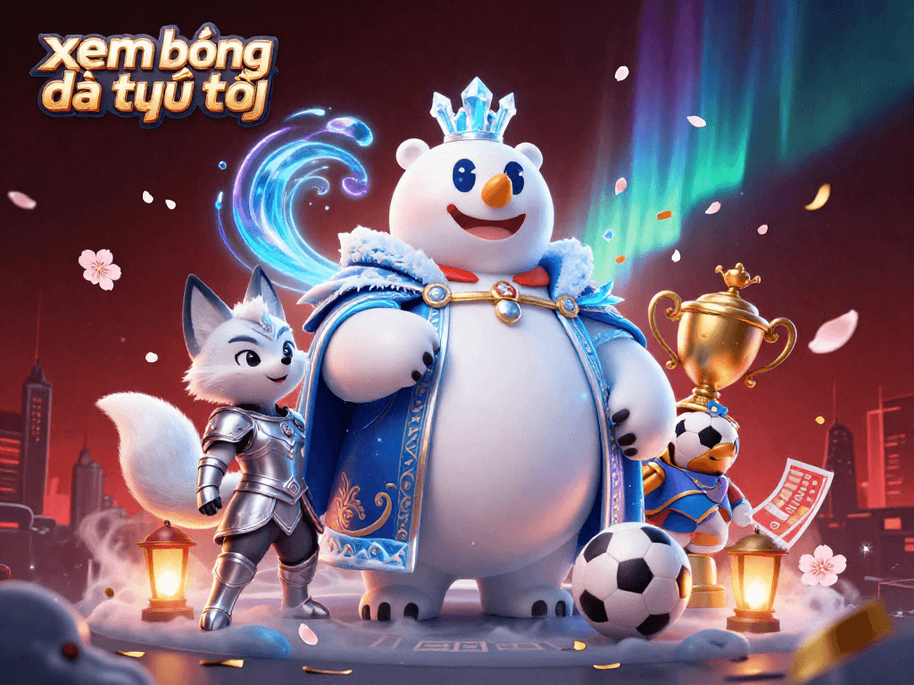 Watch xem bóng đá trực tiếp with an engaging scene of animated characters and dynamic sports elements.