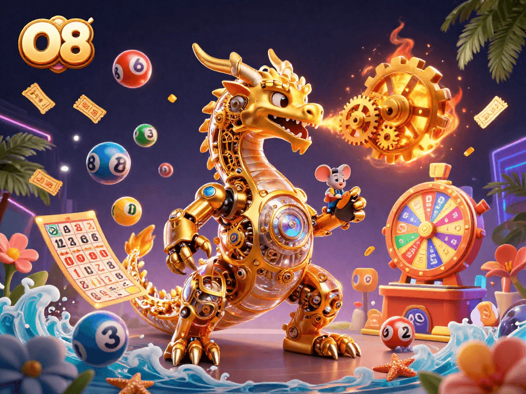 Experience O8's thrilling world with colorful lottery balls and a golden dragon illustration