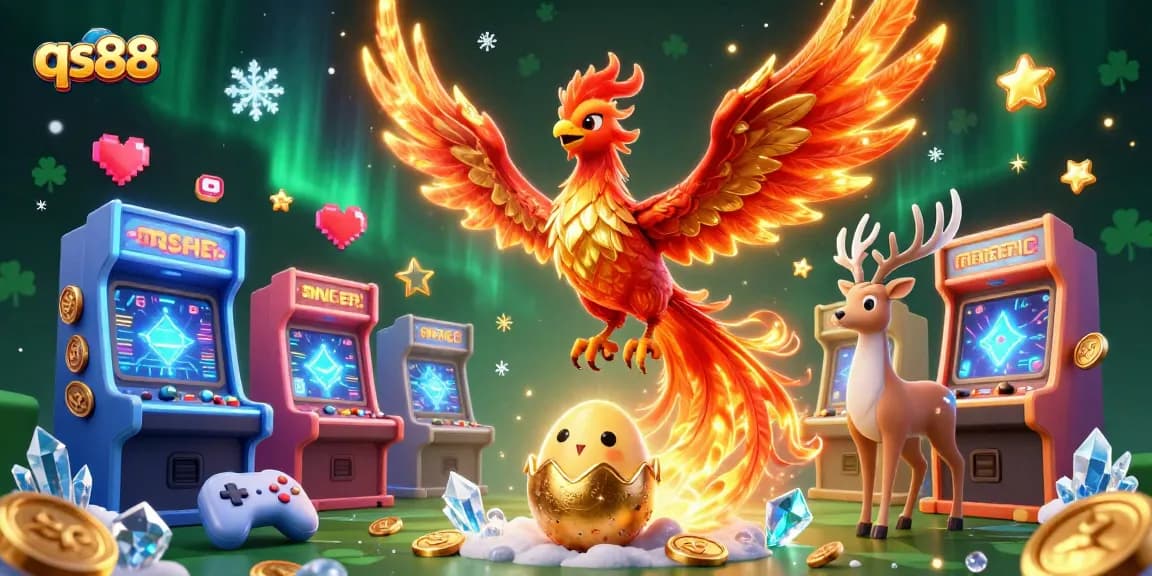 Engage with qs88 in a vibrant 3D casino world featuring animated phoenix and neon gaming elements.