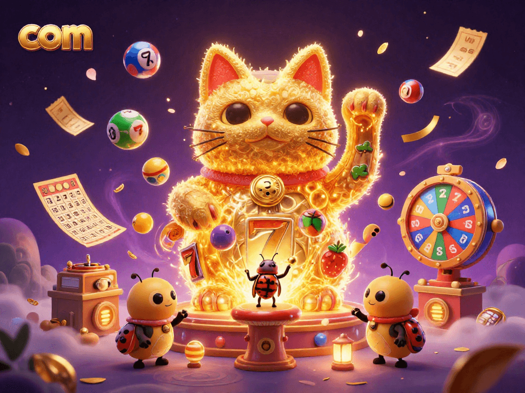 Experience the excitement of com with a vibrant 3D illustration of a lucky cat and casino symbols in dynamic action.