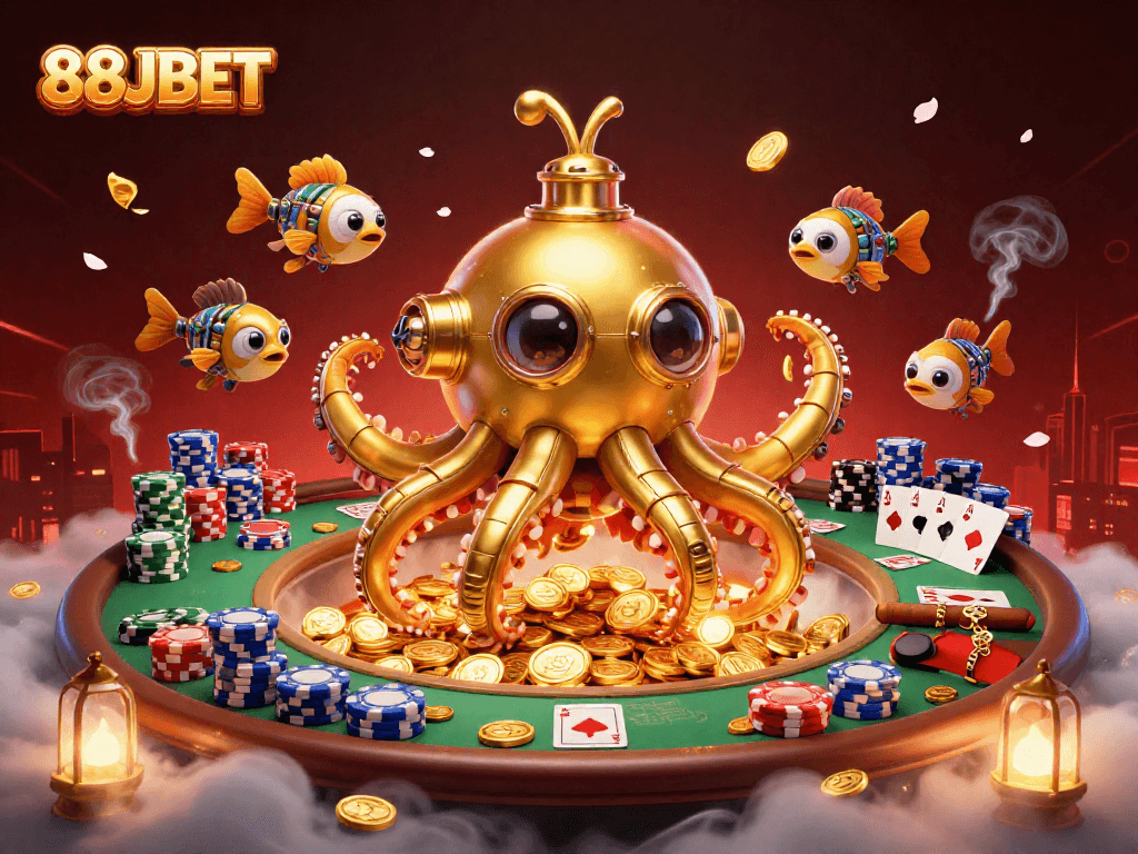 Engage with thrilling gameplay at 88JBET featuring a vibrant 3D scene with golden kraken and poker elements.
