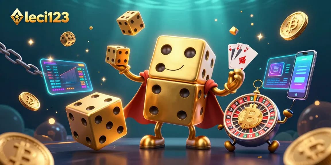 Engage with leci123 through a vibrant illustration featuring playful golden dice and crypto elements.