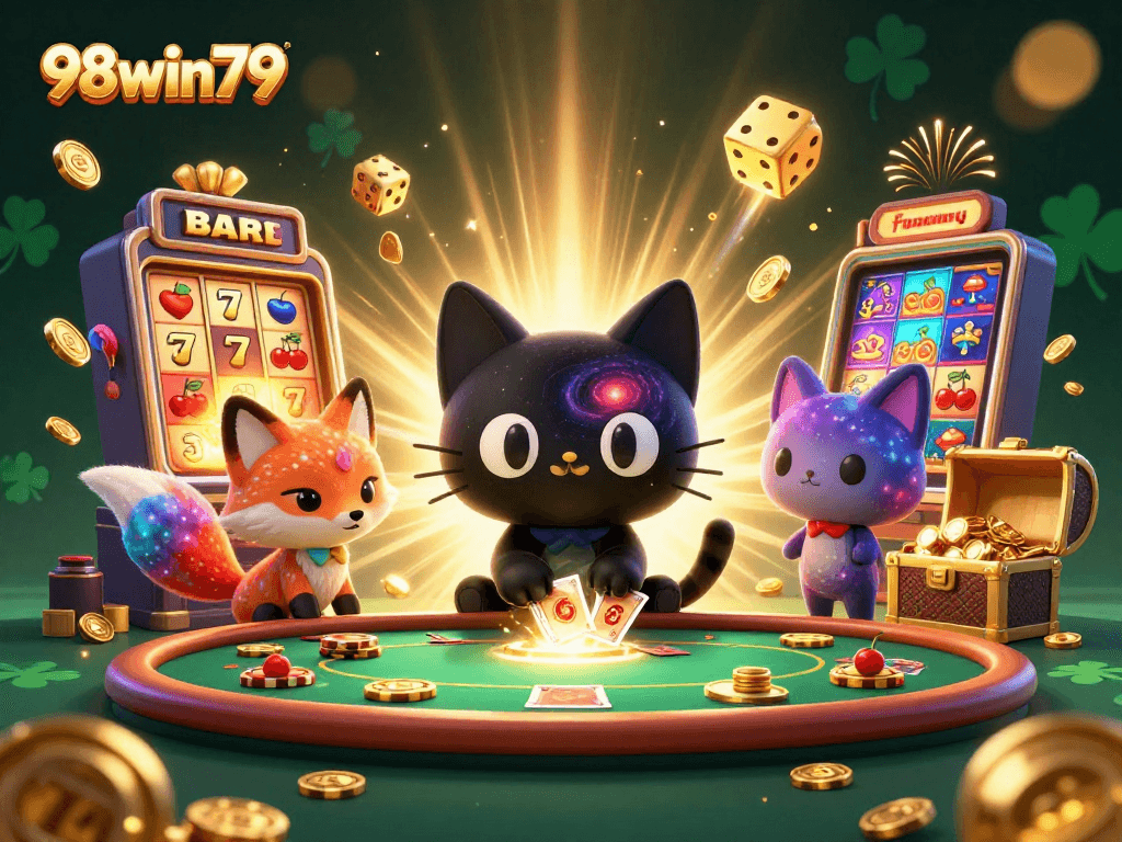 Engage in the thrill of 98win79 with vibrant casino imagery showcasing dynamic slot machines and charming characters.