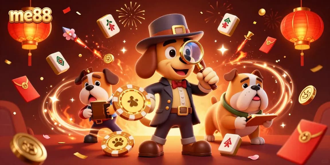 Engage with me88's exciting gaming world featuring a detective bloodhound and treasures in a festive 3D scene.