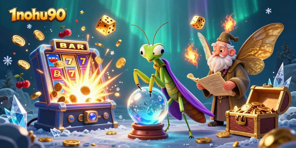 Engage with 1nohu90's vibrant slot game theme featuring a cartoon fortune teller and gem-filled treasure chests