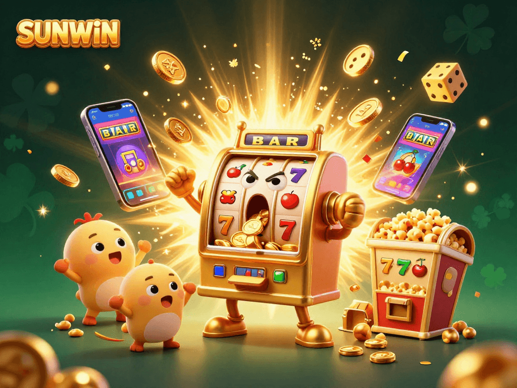 SUNWIN's thrilling golden slot machine celebrating a jackpot win, surrounded by cheering mini slots and festive elements.