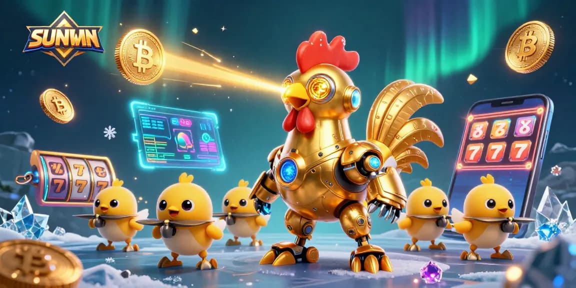 SUNWIN showcases a vibrant scene with a retro-futuristic rooster robot and crypto coins in a dynamic casino setting.