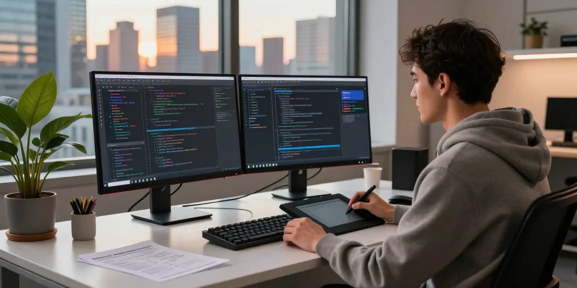 Engaging juicy ai chat design setup with a developer coding in a modern workspace, showcasing dual monitors, UI notes, and ambient lighting.