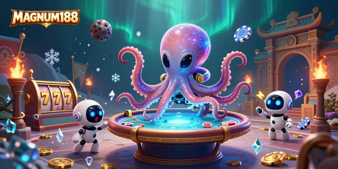Experience the excitement of MAGNUM188 with an alien octopus at a holographic poker table, showcasing vibrant gambling visuals.