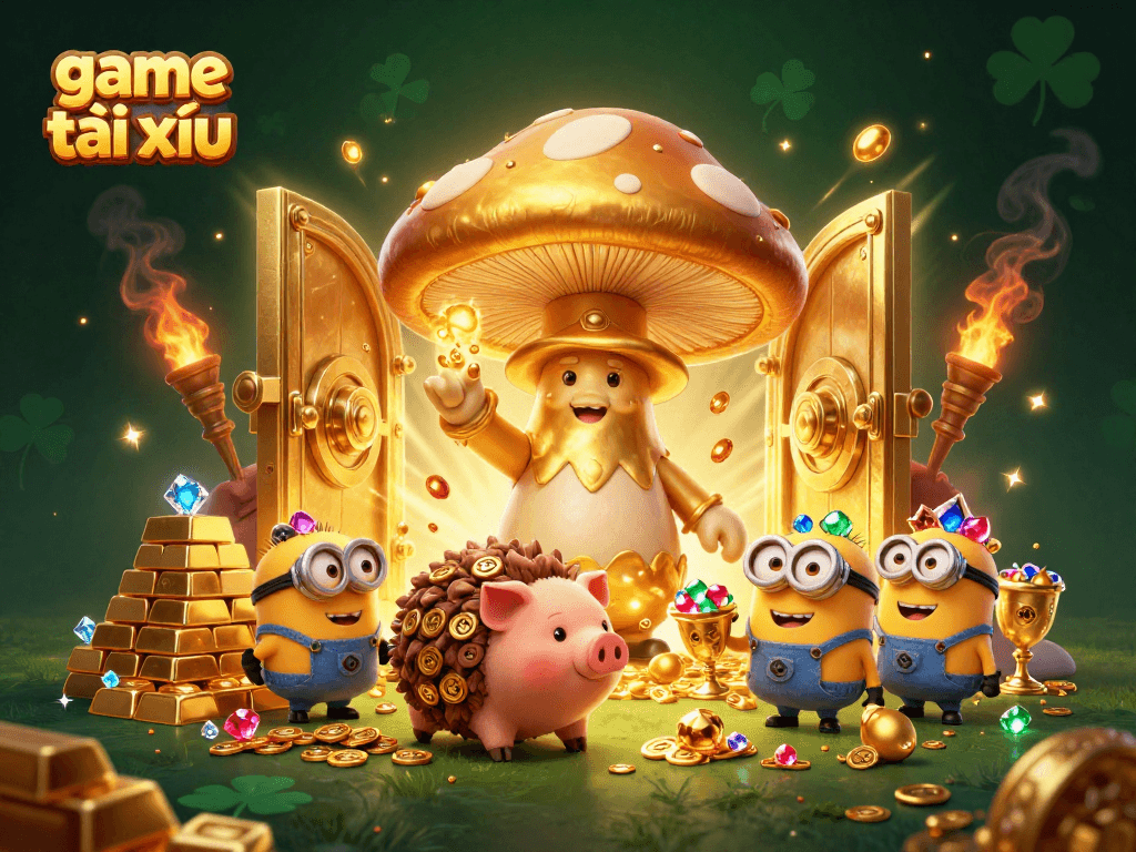 Experience the excitement of game tài xỉu with golden treasures and magical visuals in this vibrant 3D illustration.