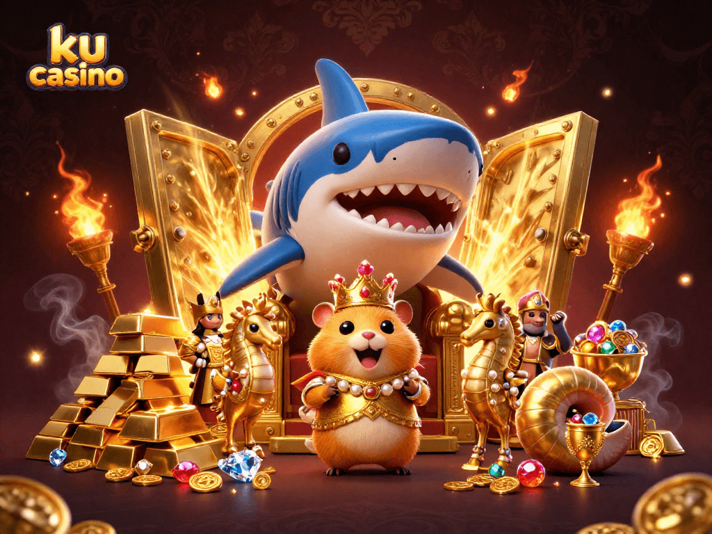 Experience the thrill of ku casino with a golden hamster king amidst treasures and royal seahorse guards.
