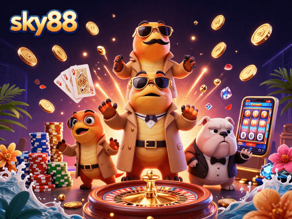 Engage in thrilling action at sky88, where raptors in disguises attempt to enter a VIP casino, surrounded by vibrant gaming elements.