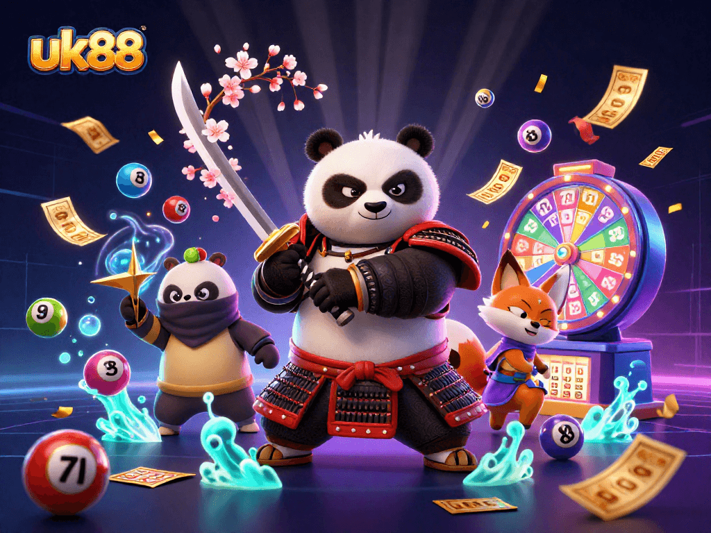 uk88 samurai panda and ninja fox win with colorful lottery elements surrounded by dynamic gaming action