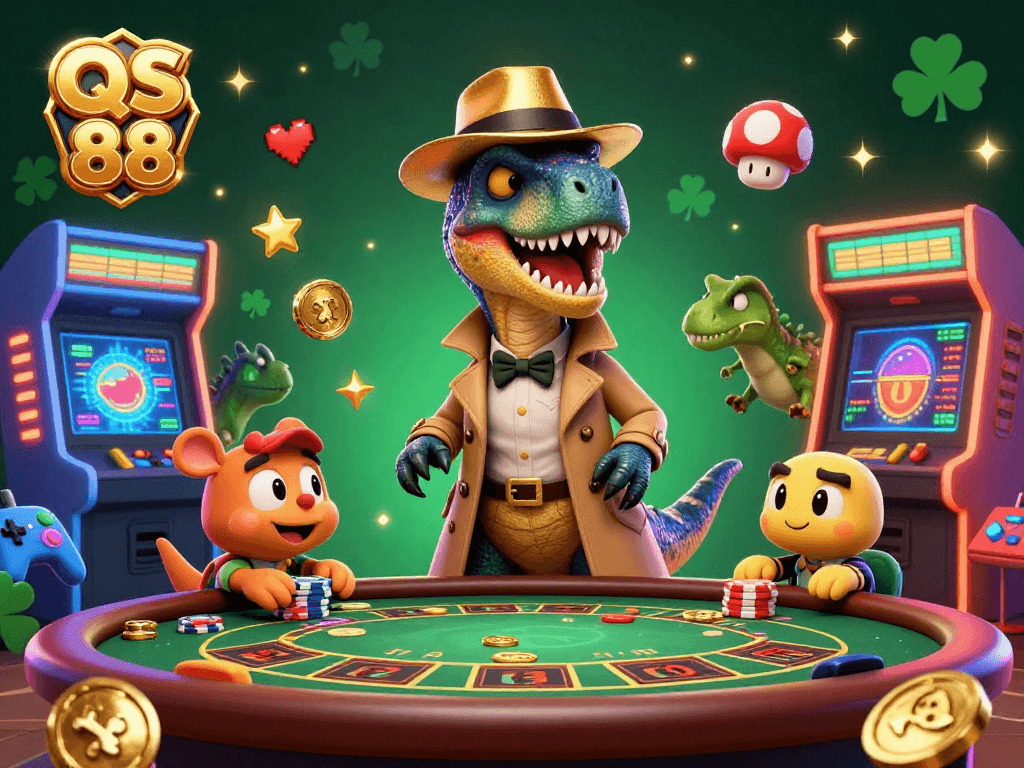 Spin the reels and win big with QS 88 in this vibrant casino scene featuring exciting game elements.