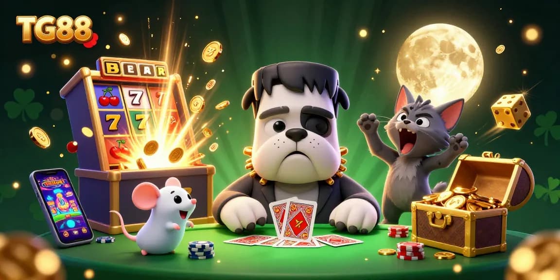 Engaging scene featuring TG88 with cartoon monster dealing cards and game elements scattered around.