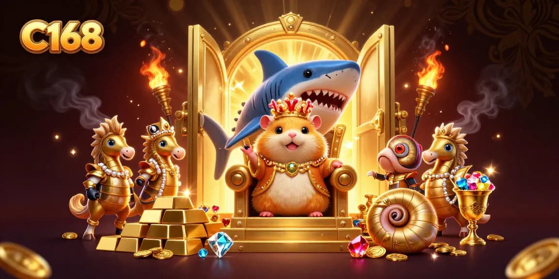 C168 captures the golden hamster king on a megalodon throne amidst rich treasures, embodying online gaming opulence.