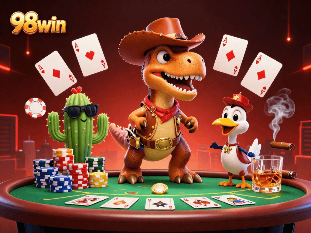 Engage in thrilling poker action with 98win's cartoon T-Rex, cactus, and roadrunner!