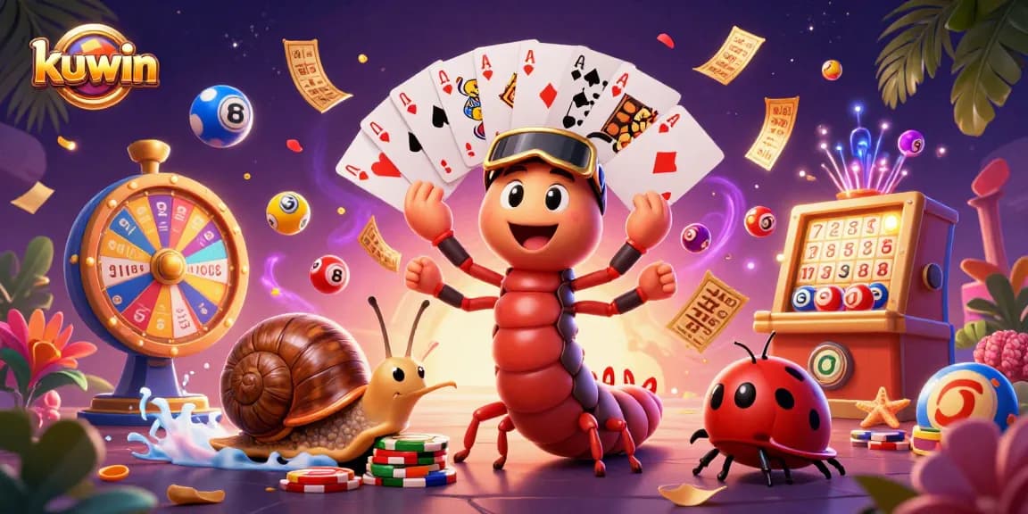 Engage with kuwin's vibrant casino scene featuring a cartoon millipede dealer and dynamic game elements.