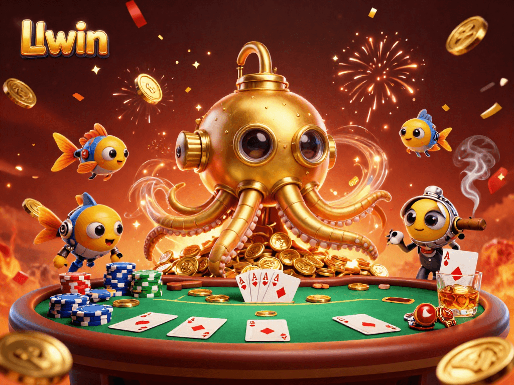 Join Llwin's thrilling poker scene with a golden kraken submarine and festive game elements.