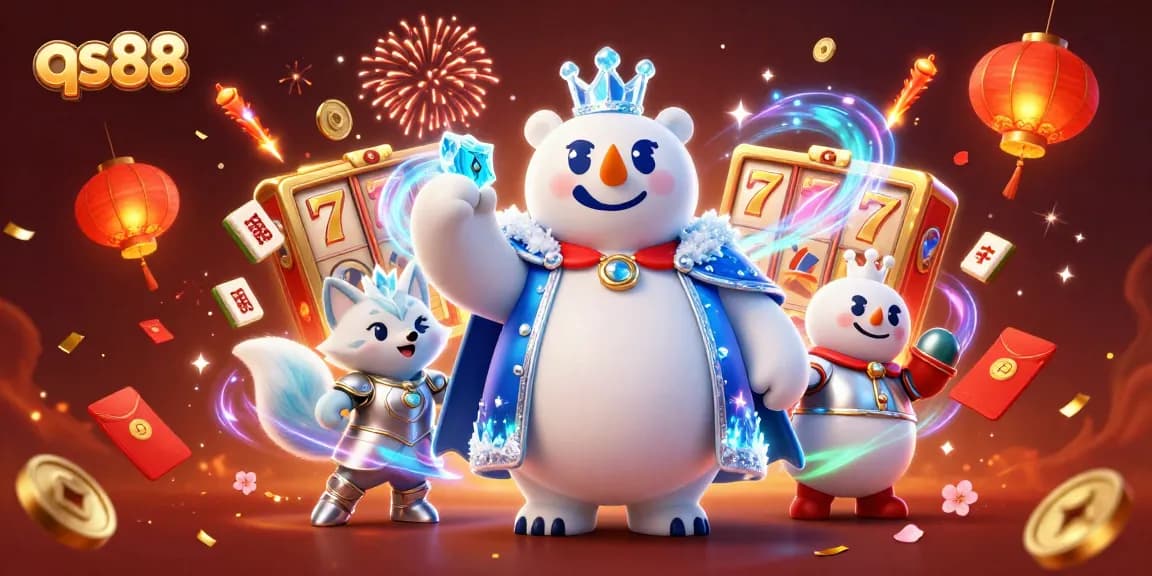Engage with qs88's thrilling gaming experience featuring animated ice king and fox amidst vibrant slot elements.