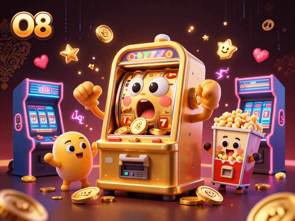 Play O8’s thrilling jackpot slot game as golden coins pour from the winning slot machine.