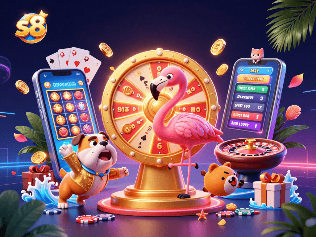 S8 showcases exciting slots and vibrant casino action in a lively, colorful game illustration.
