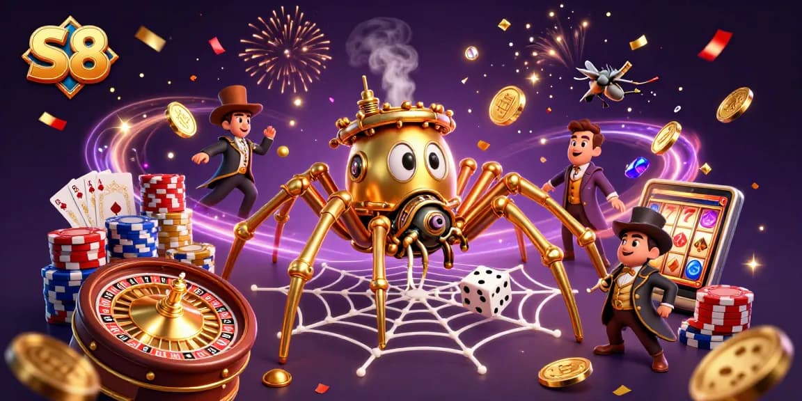 S8 online casino showcasing thrilling gameplay with golden spider capturing dice in a magical web.