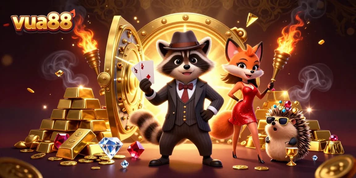Experience exhilarating gaming at vua88 with a charming raccoon, fox lady, and hedgehog bouncer in a vibrant casino scene.