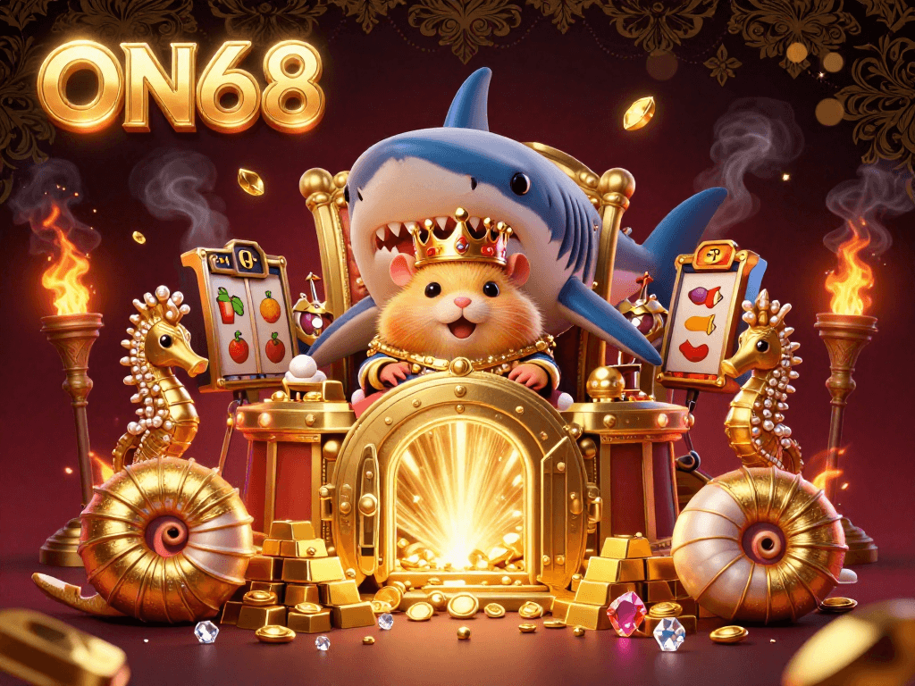 Experience the thrilling gaming experience at ON68 with dynamic 3D visual elements representing engaging casino themes.