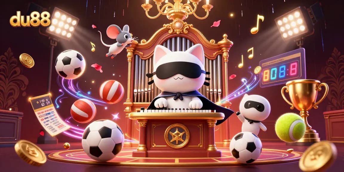 Witness the dynamic action at du88, where a whimsical gambling scene comes alive with a 3D phantom cat and vibrant sports elements.