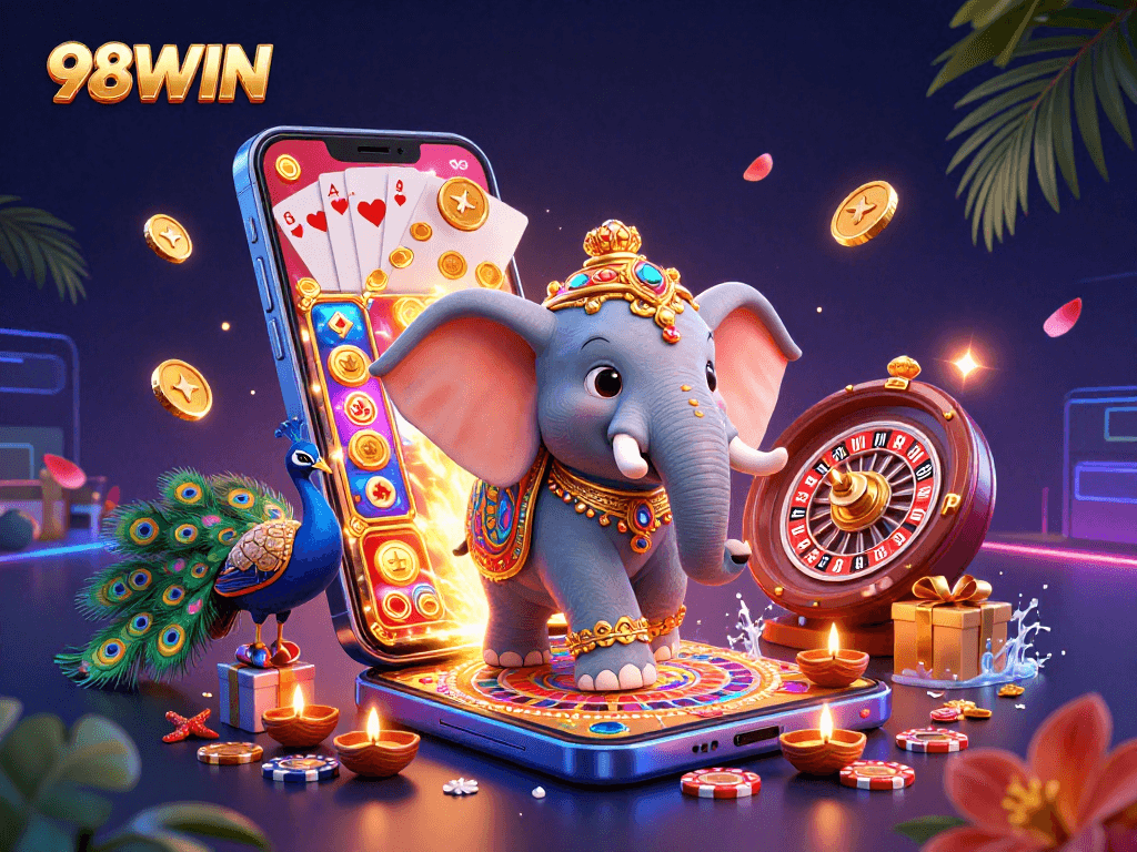 Engage with 98WIN's vibrant 3D gaming scene featuring unique slot games and character dynamics.