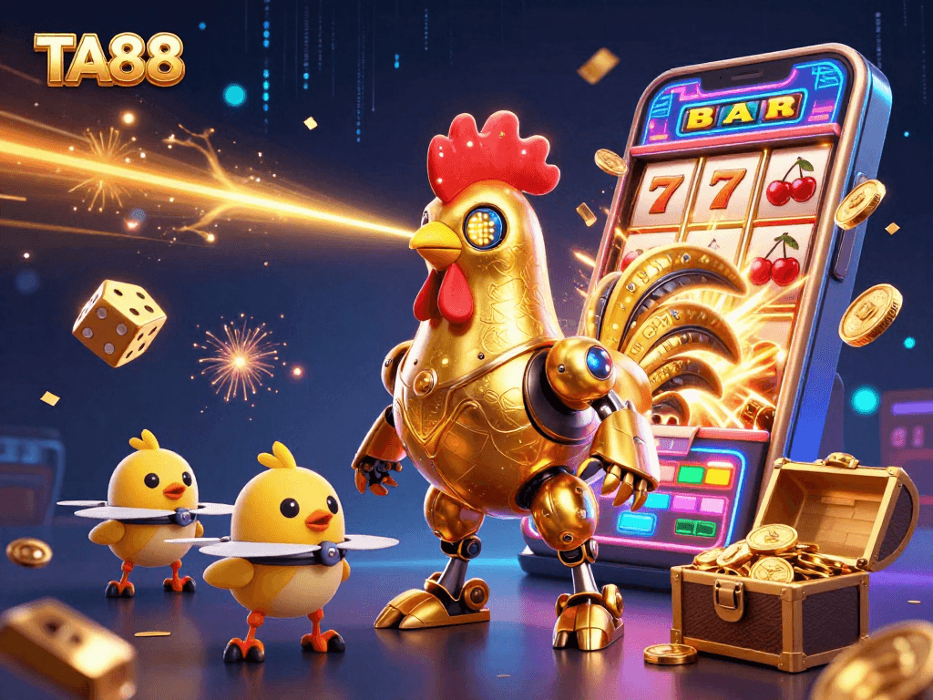 Experience the electrifying online casino world of TA88 with a vibrant 3D casino illustration of a dynamic rooster robot.