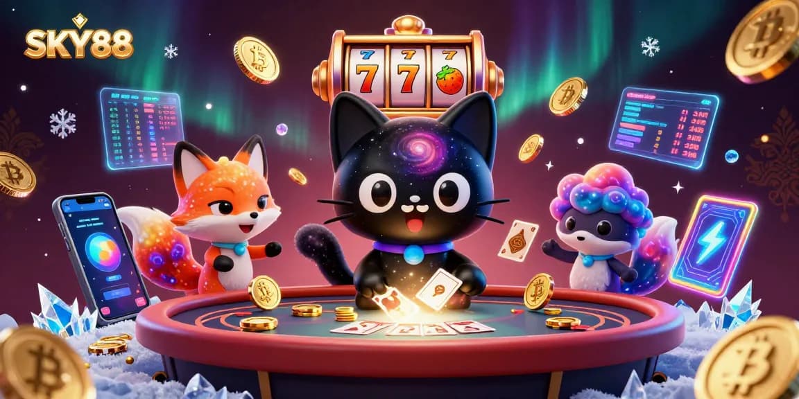 Engage with SKY88 in a vibrant cosmic casino scene featuring whimsical characters pulling in winnings.