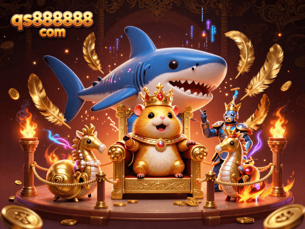 Engage in thrilling casino action with qs888888 com at a vibrant underwater realm, showcasing a golden hamster king and royal seahorse guardians.