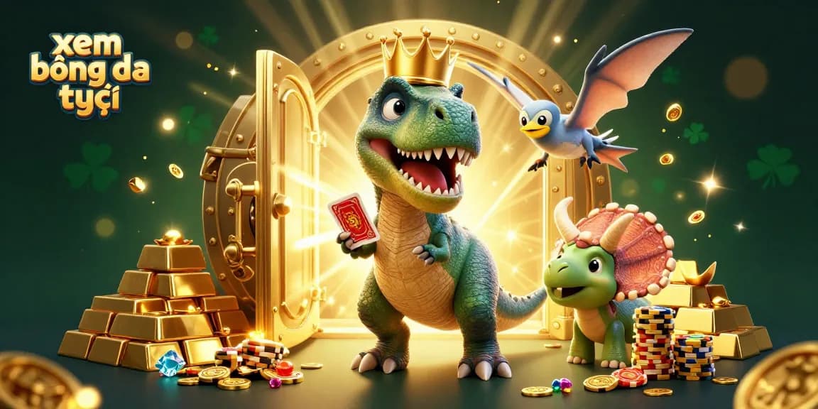 Experience xem bóng đá trực tiếp in a lively 3D scene with characters and gold treasures.