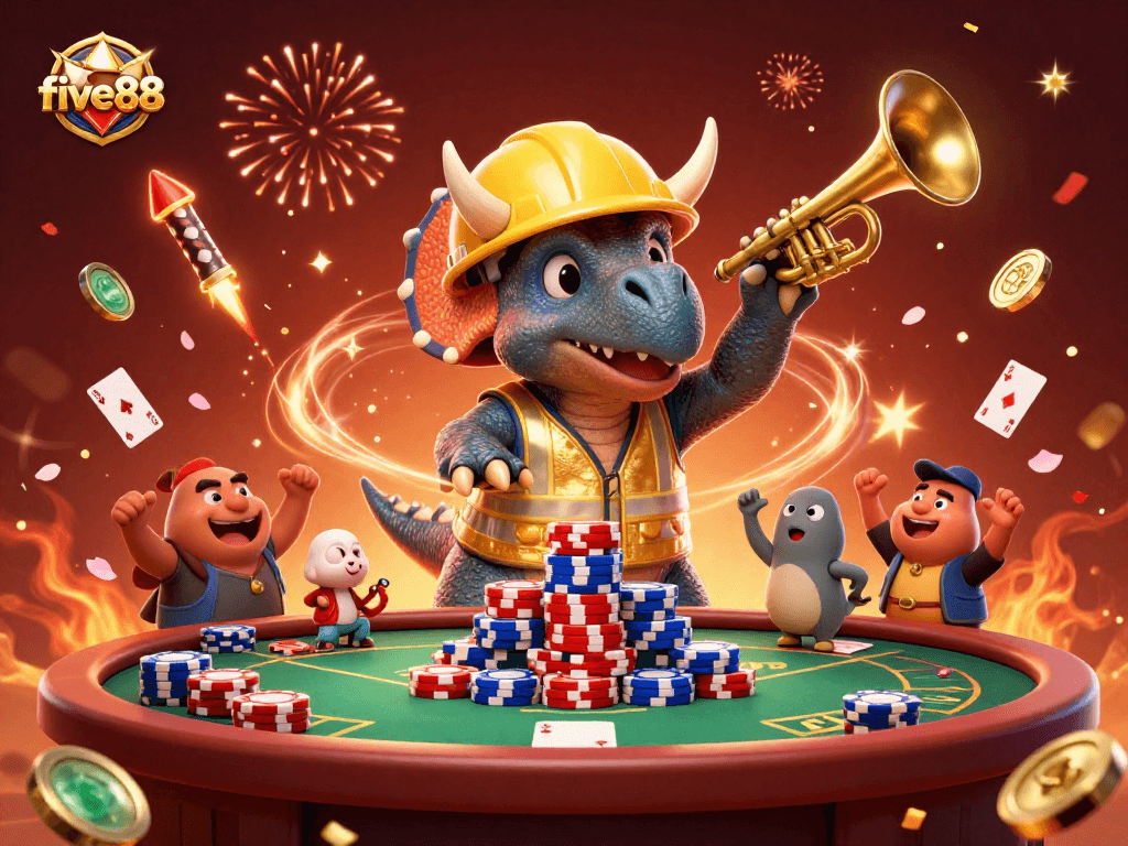 Cheer for five88 with a cartoon scene of celebratory dinosaurs building poker chip towers.