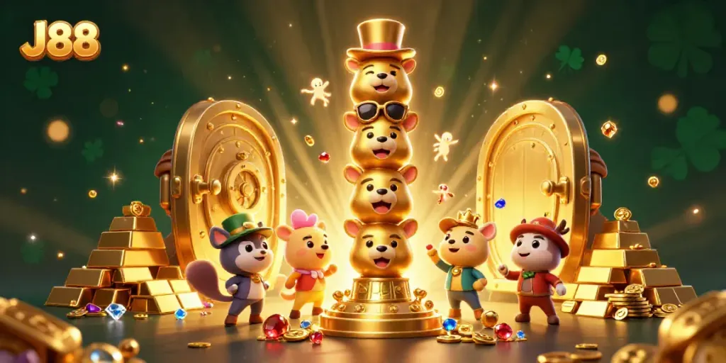 Experience J88's vibrant casino world filled with golden treasures and animated totem figures.