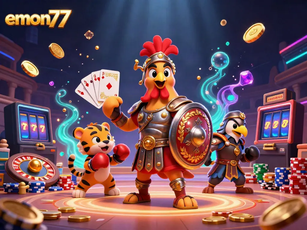 Experience thrilling gaming at emon77 with dynamic visuals of coins, jackpots, and iconic characters in a vibrant arena.