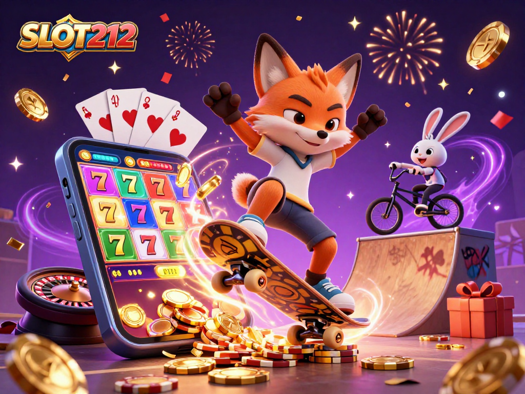 SLOT212 captivates players with vibrant slot game action featuring a skateboarder fox and BMX rabbit.