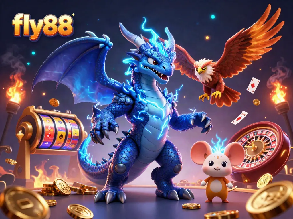 Engage with fly88's thrilling atmosphere featuring vibrant casino elements and dynamic characters in action.