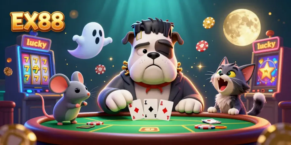 Experience the thrill of poker at EX88 with a vibrant illustration featuring a cartoon bulldog dealer and playful casino elements.